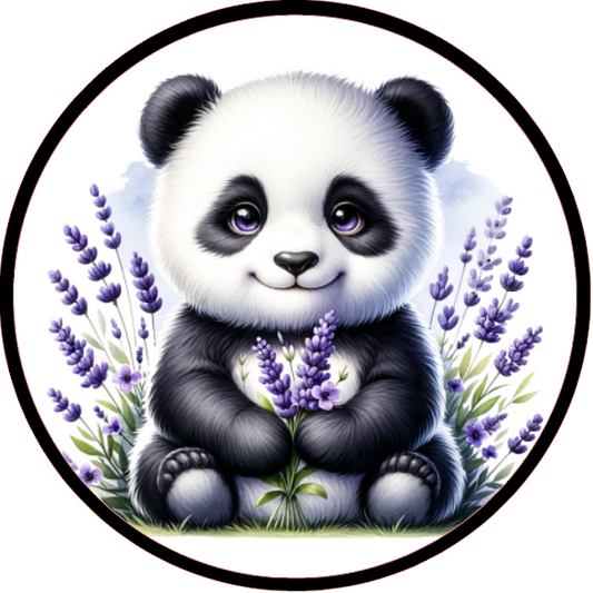 Panda bear surrounded by purple flowers