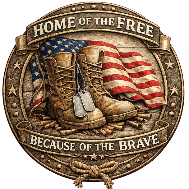 Patriotic boots, American flag, and text 'Home of the Free Because of the Brave' 
