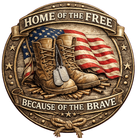 Patriotic boots, American flag, and text 'Home of the Free Because of the Brave' 
