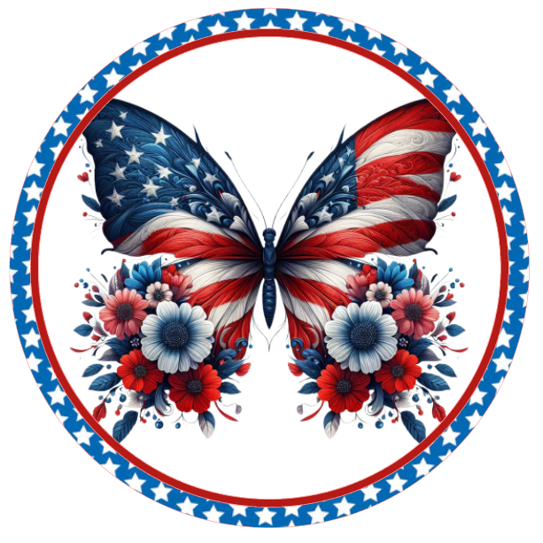 Butterfly with American flag design surrounded by flowers 