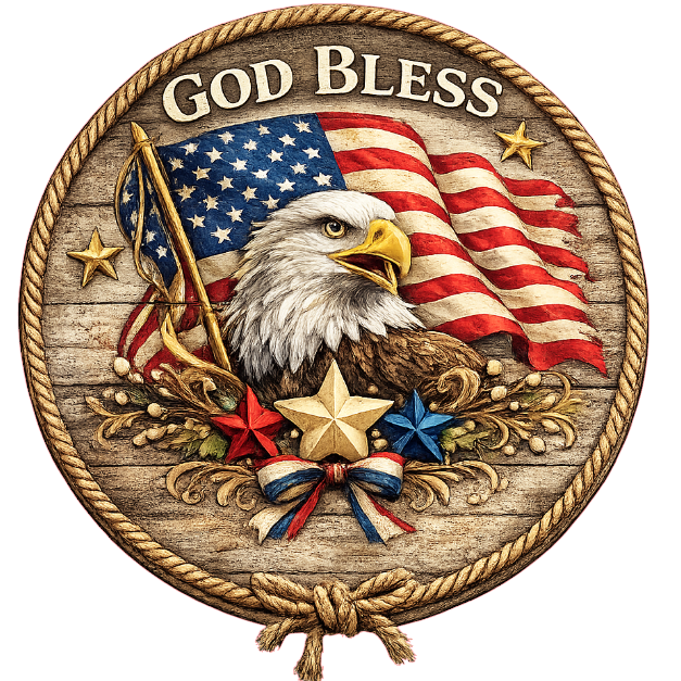 American flag, eagle, and 'God Bless' text with stars