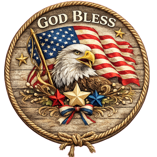 American flag, eagle, and 'God Bless' text with stars