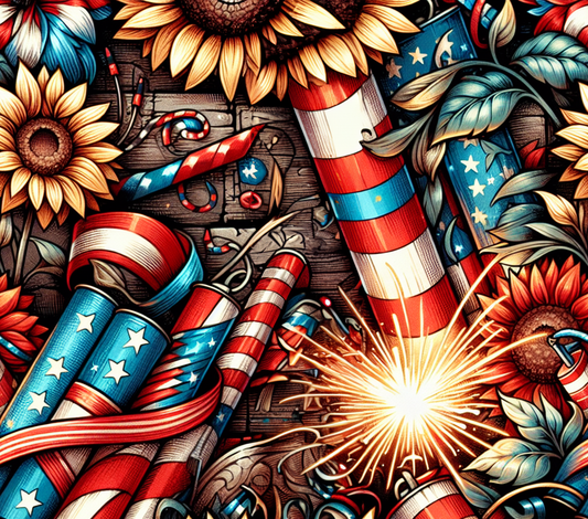 Colorful fireworks with American flag design on a wooden background