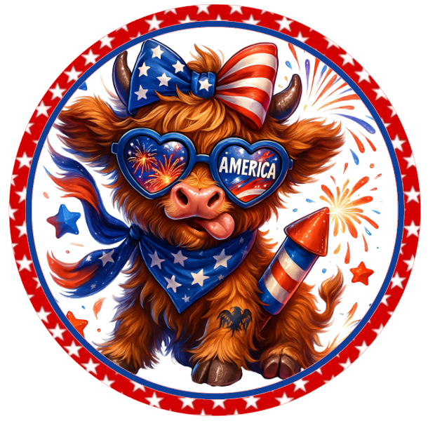 Highland cow wearing an American flag hat and scarf with fireworks in the background.