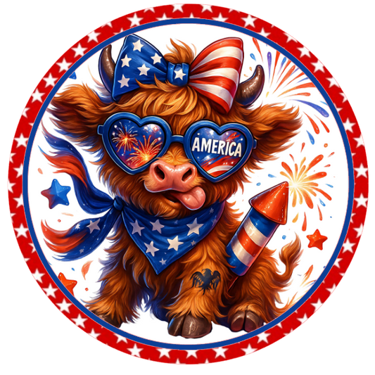 Highland cow wearing an American flag hat and scarf with fireworks in the background.