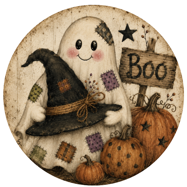 Round metal wreath sign featuring a patchwork ghost, pumpkins, a witch hat and a wooden sign with "boo" by Monkey's Creations.