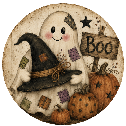 Round metal wreath sign featuring a patchwork ghost, pumpkins, a witch hat and a wooden sign with "boo" by Monkey's Creations.