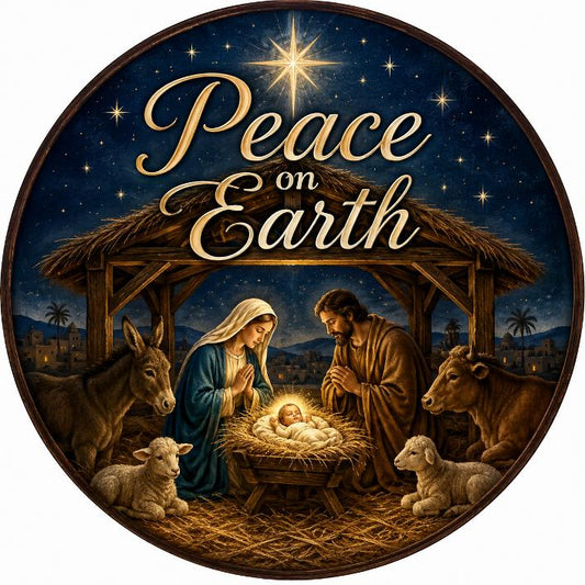 Round metal wreath sign by Monkey's Creations featuring a nativity scene with "peace on earth" for Christmas.