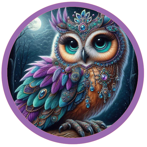 Owl wearing jewels with peacock themed coloring 