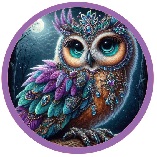 Owl wearing jewels with peacock themed coloring 