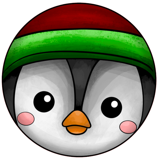 Cartoon penguin face wearing a red and green hat on a white background