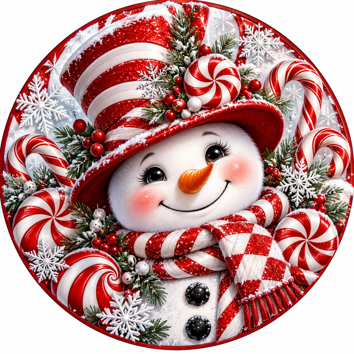 Round metal wreath sign by Monkey's Creations featuring a peppermint themed snowman surrounded by candy canes, peppermint candies and snowflakes.