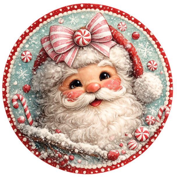 Round metal wreath sign featuring a peppermint candy themed Santa by Monkey's Creations. 