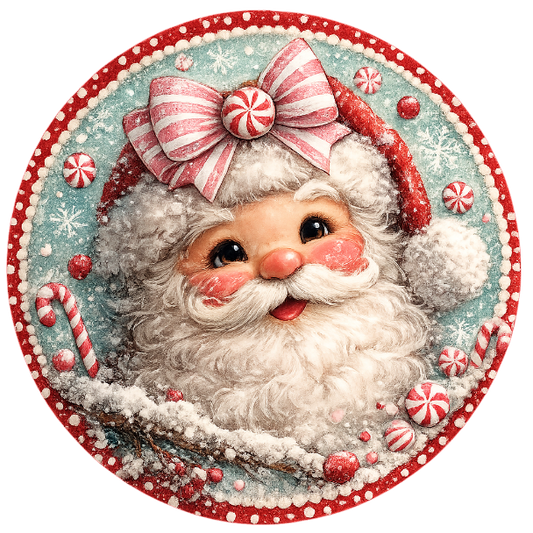 Round metal wreath sign featuring a peppermint candy themed Santa by Monkey's Creations. 