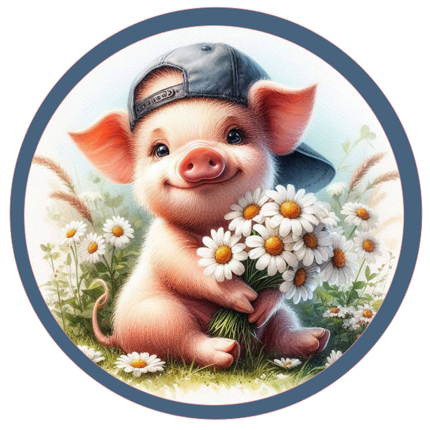 Round metal wreath sign with a piglet in a baseball cap holding a bunch of daisies by Monkey's Creations.