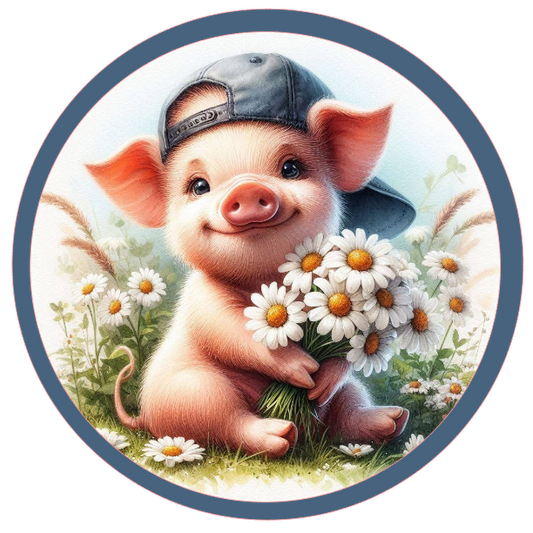 Round metal wreath sign with a piglet in a baseball cap holding a bunch of daisies by Monkey's Creations.