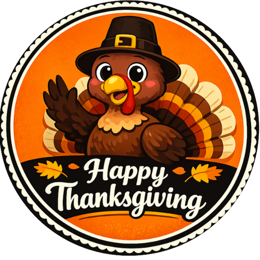 Metal wreath sign with Happy Thanksgiving text and a turkey wearing a pilgrim hat with autumn elements