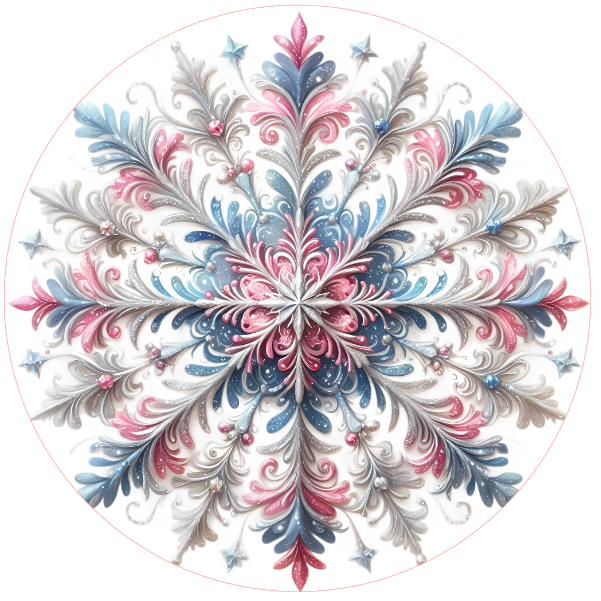 Decorative floral design with pink, blue, and white colors on a white background