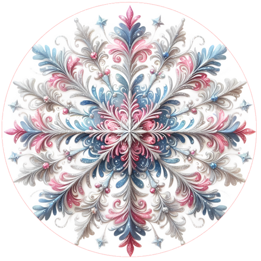 Decorative floral design with pink, blue, and white colors on a white background