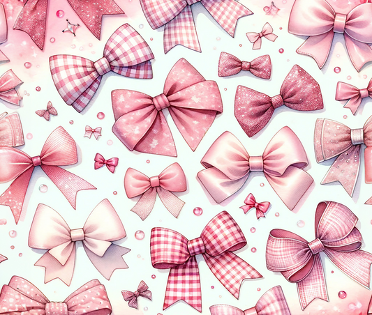 Pattern of pink bows with various designs on a white background