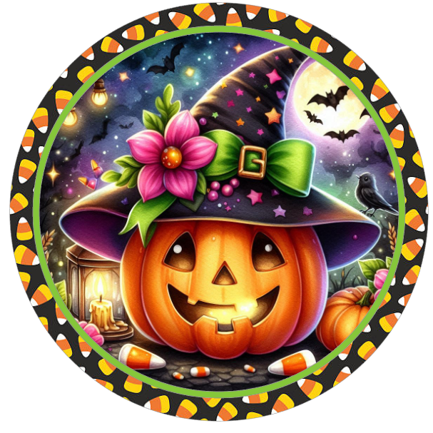 Halloween pumpkin in a witch hat and colorful decorations and candy corn