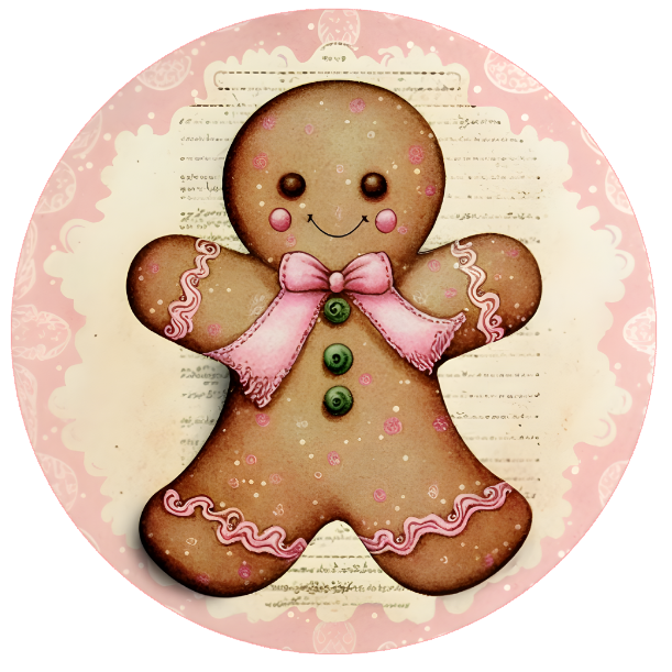 Round metal wreath sign with a pink adorned gingerbread girl cookie by Monkey's Creations.