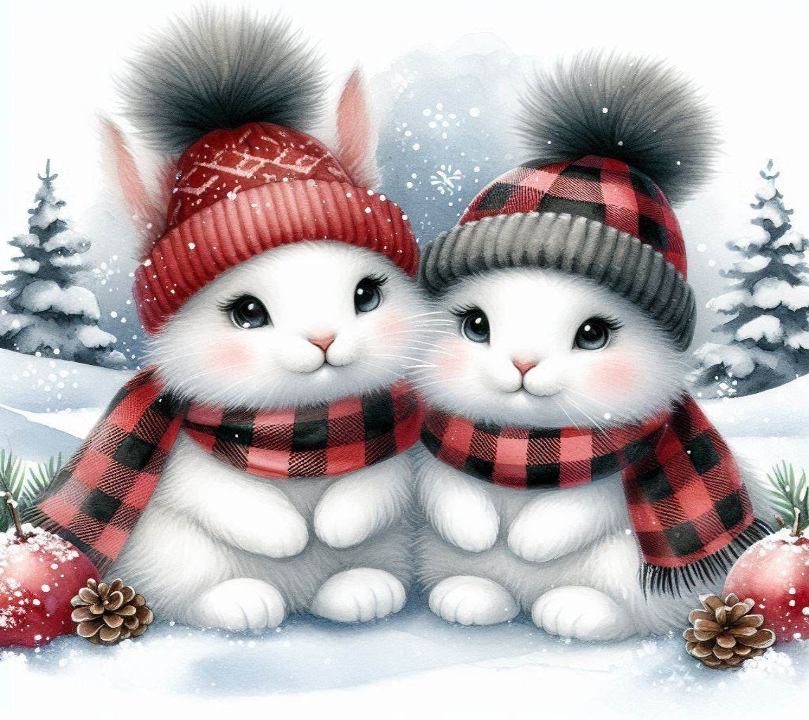 Two white cats wearing red and gray winter hats with plaid scarves in a snowy scene.