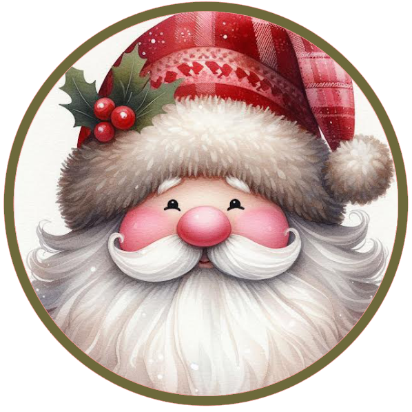 Illustration of a Santa Claus face with a red hat and holly leaves on a white background