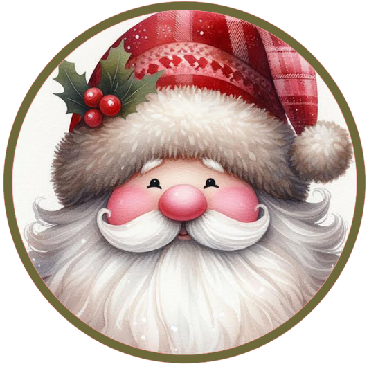 Illustration of a Santa Claus face with a red hat and holly leaves on a white background