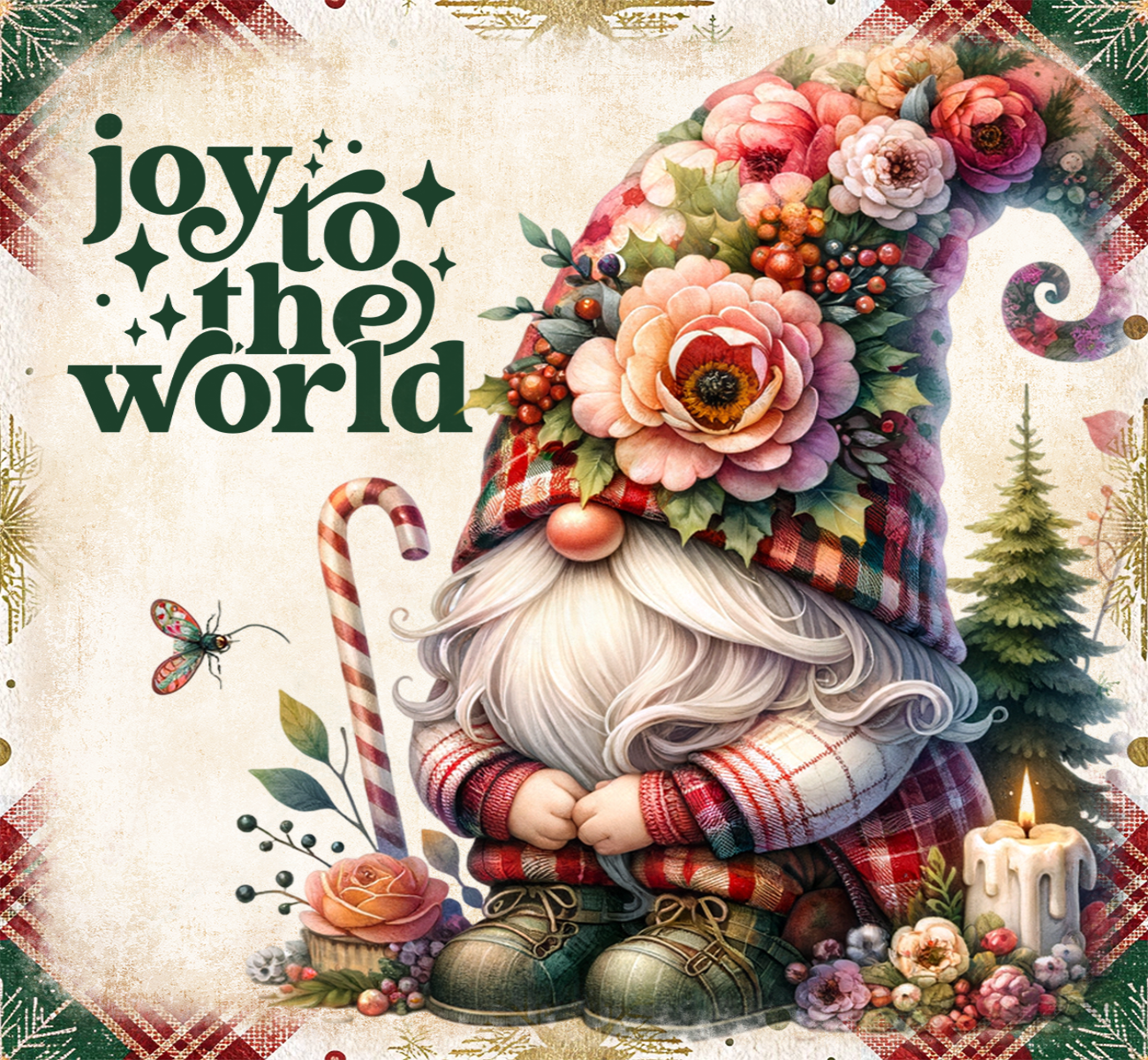 Decorative image with a gnome, flowers, candy cane, and 'joy to the world' text on a festive background.