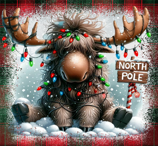 Illustration of a moose with Christmas lights and a 'North Pole' sign in a snowy scene.
