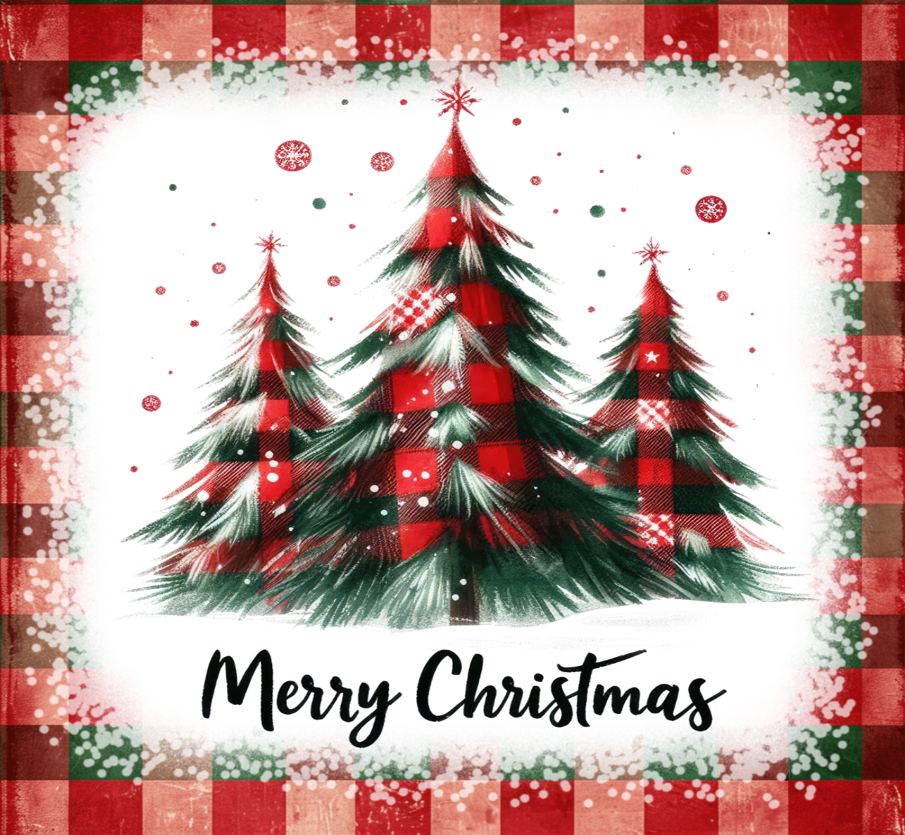 Christmas card with plaid trees and 'Merry Christmas' text on a checkered background