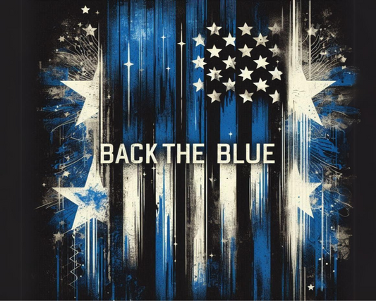 American flag design with 'Back the Blue' text on a dark background