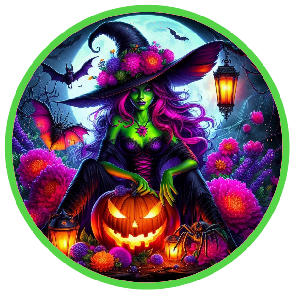 Halloween witch, pumpkins, and a full moon 