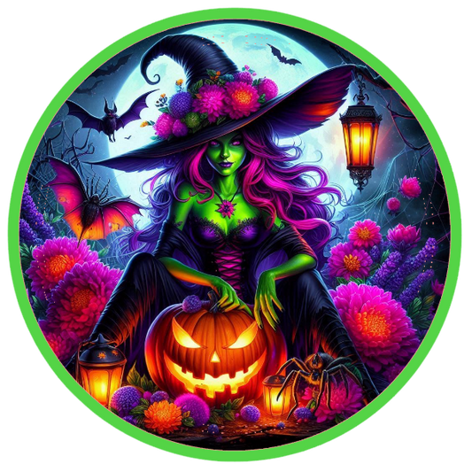 Halloween witch, pumpkins, and a full moon 