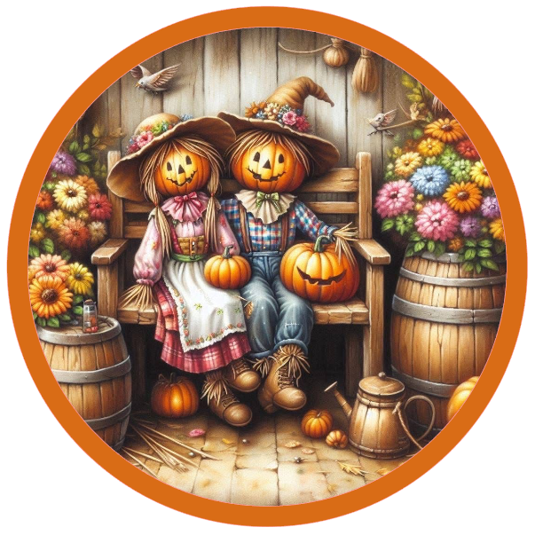 Two pumpkins sitting on a bench with autumn decorations.