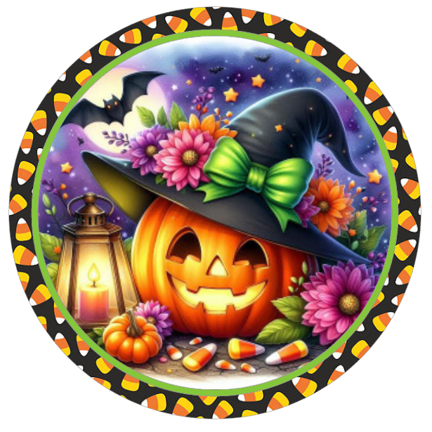 Halloween  jack-o'-lantern, witch hat, and flowers 