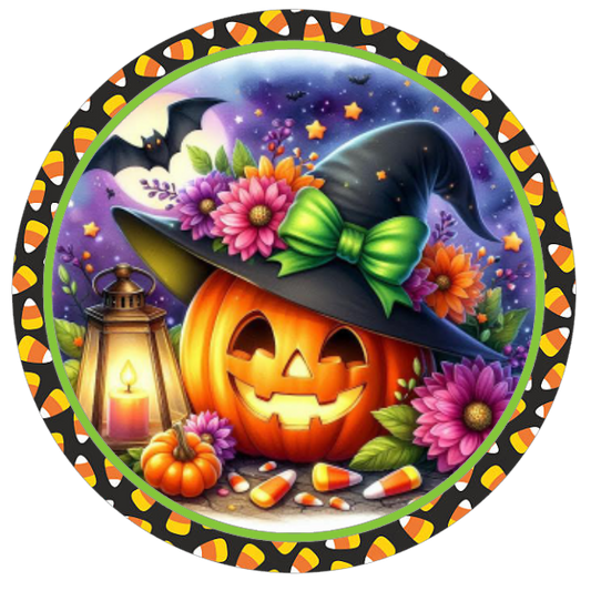 Halloween  jack-o'-lantern, witch hat, and flowers 