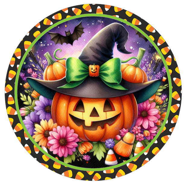 Halloween pumpkin, witch hat, and flowers with candy corn