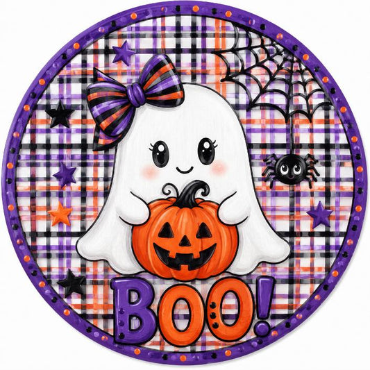 Round metal wreath sign featuring a ghost with a jack o lantern, a spider and stars and the text "boo" with orange and purple themes for Halloween by Monkey's Creations. 