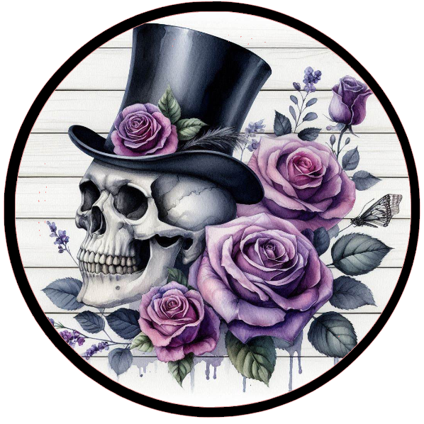 Skull with a top hat and purple roses 