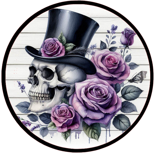 Skull with a top hat and purple roses 