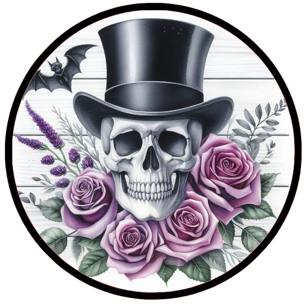 Skull wearing a top hat with purple roses