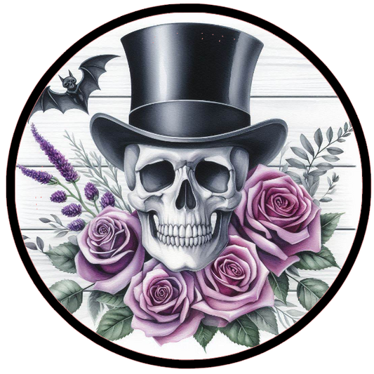 Skull wearing a top hat with purple roses