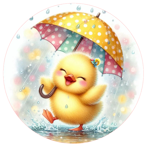 Cartoon duck holding an umbrella inside a bubble on a white background