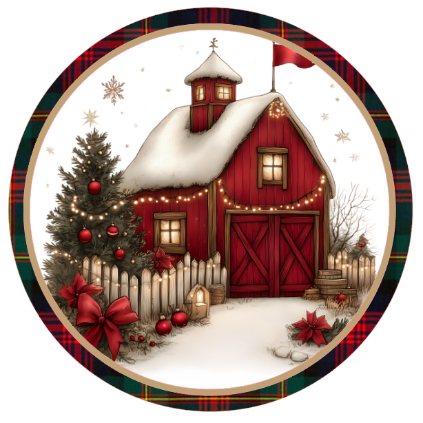 Decorative circular design of a red barn with snow and Christmas elements on a white background