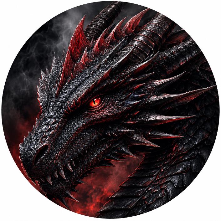 Round metal wreath sign with a black and red dragon surrounded by smoke by Monkey's Creations.