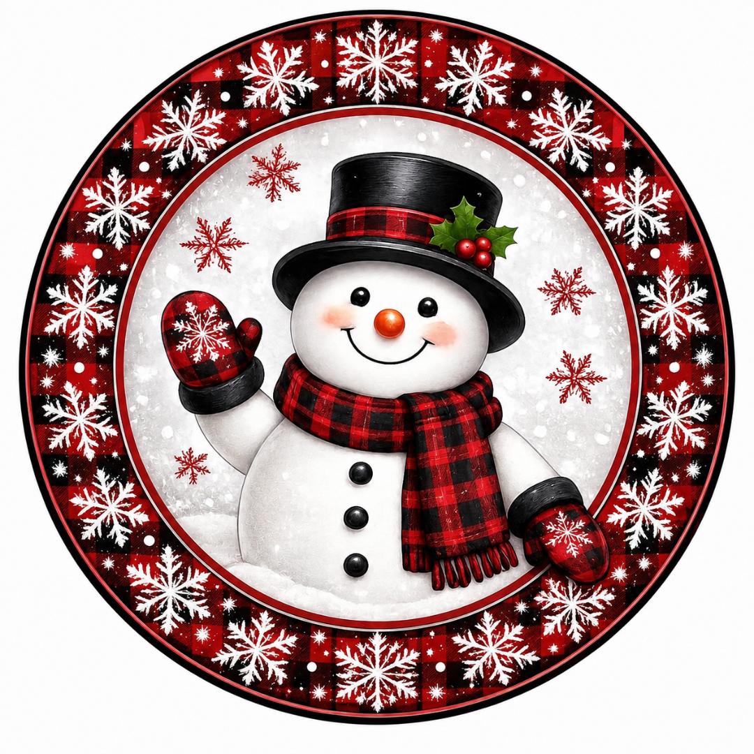 Round metal wreath sign featuring a red and black check snowman by Monkey's Creations. 
