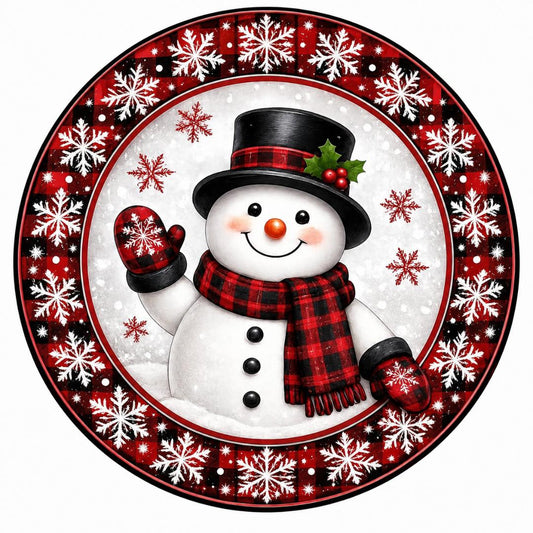 Round metal wreath sign featuring a red and black check snowman by Monkey's Creations. 