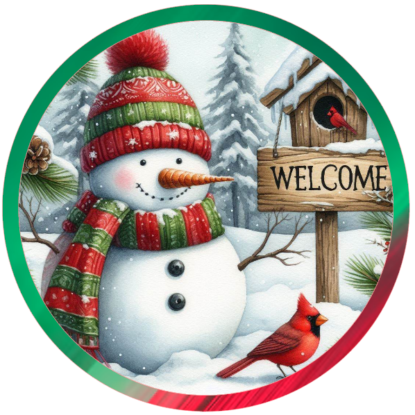 Christmas-themed scene with a snowman, cardinal, and 'Welcome' sign.